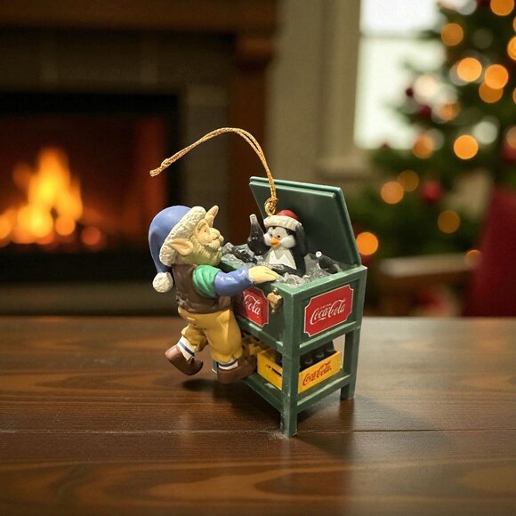 Vintage Coca-Cola Elf & Penguin Ornament – Christmas Coke Cooler Scene - Picture 1 of 8